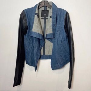 Veda Womens Moto Denim Jacket Leather Sleeve Blue S Wool Waterfall Blazer Crop